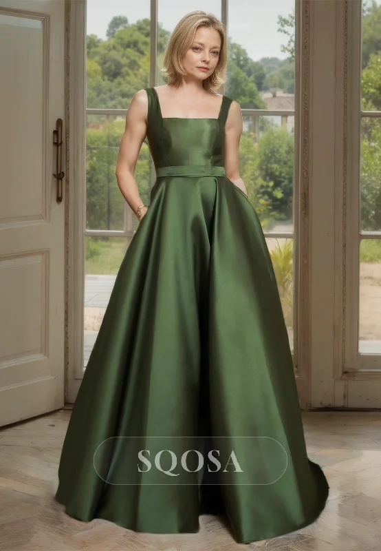 Ball gown dress – Formal, full-skirted dress often worn for weddings, proms, or galas.Square-Neck Straps A-Line Mother of the Bride Gowns Sleeveless Floor-Length Cocktail Dress