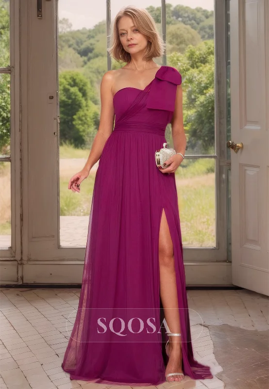 Ball gown dress – Formal, full-skirted dress often worn for weddings, proms, or galas.Asymmetrical-Neck Sleeveless A-Line Mother of the Bride Gpwns Pleatrd Slit with Train Coctail Dress