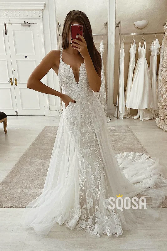 Off-the-shoulder dress – Dress with sleeves or straps that sit below the shoulders, exposing the upper arms.Mermaid/Trumpet Wedding DressDouble Straps V-neck Lace Wedding Gown QW2251