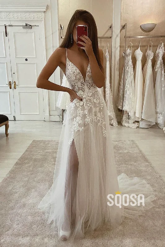 A-line dress – Dress that is fitted at the top and gradually flares out, creating an A-shape silhouette.A-line Attractive V-neck Tulle Appliques Bohemian Wedding Dress QW2255