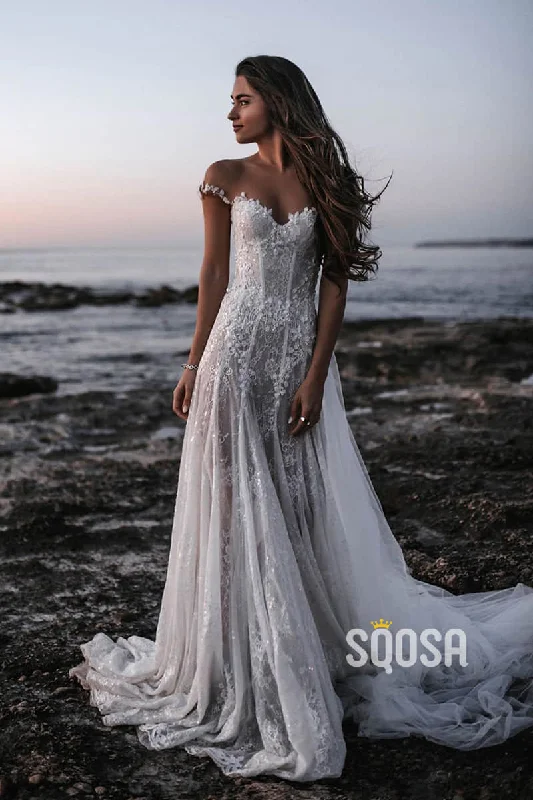 Off-the-shoulder dress – Dress with sleeves or straps that sit below the shoulders, exposing the upper arms.A-line Illusion Neckline Lace Bohemian Wedding Dress QW2321