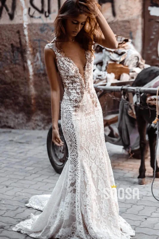 Sundress – Light, sleeveless dress typically worn in warm weather, often made from cotton or linen.Attractive V-neck Exquisite Lace Beaded Bohemian Wedding Dress QW2428