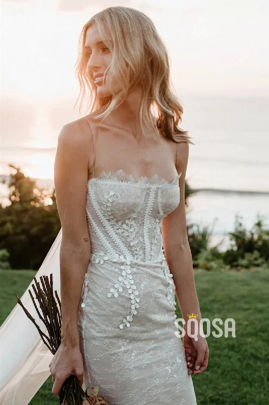 Fit-and-flare dress – Dress that is fitted at the top and flares out at the bottom, offering a feminine and flattering shape.Unique Spaghetti Straps Chic Appliques Lace Wedding Dress QW2463