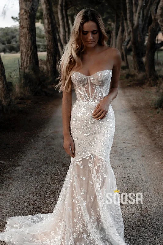 Mini dress – Short dress that usually ends above the knee, often casual or party wear.Allover Lace Sweetheart Mermaid Wedding Dress Bohemian Bridal Gown QW2475