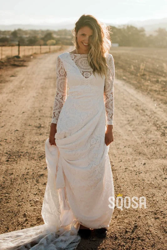 Sundress – Light, sleeveless dress typically worn in warm weather, often made from cotton or linen.Ivory Exquisite Lace Long Sleeves Bohemian Wedding Dress Backless QW2486