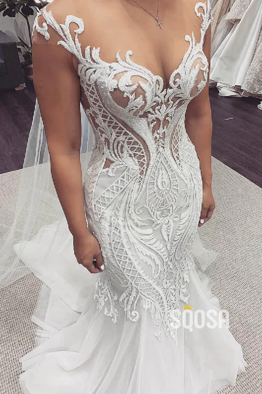 Belted dress – Dress with a belt or waist tie, offering definition and shaping at the waist.Unique Cap Sleeves Luxury Lace Appliques Mermaid Wedding Dress QW2491