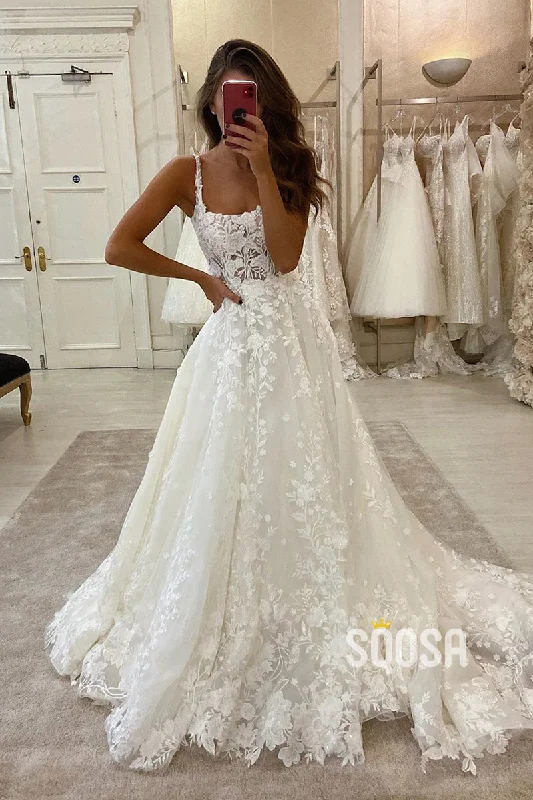 Maxi dress – Long dress that typically reaches the ankles or floor, offering a flowing and elegant look.Unique Square Neckline Ivory Lace Wedding Dress Bridal Gown QW2589