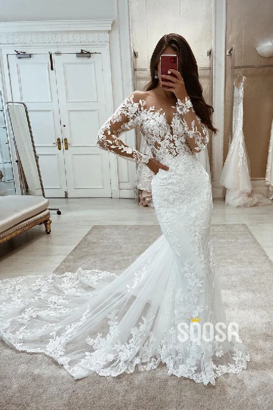 Belted dress – Dress with a belt or waist tie, offering definition and shaping at the waist.Illusion Neckline Long Sleeves Allover Lace Mermaid Wedding Dress QW2679