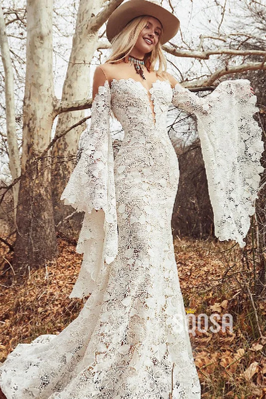 Mini dress – Short dress that usually ends above the knee, often casual or party wear.Unique Bat Sleeves Allover Lace Bohemian Wedding Dress QW2681