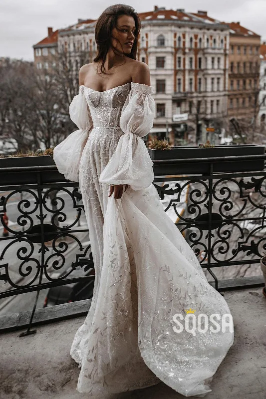 Belted dress – Dress with a belt or waist tie, offering definition and shaping at the waist.Unique Off-the-Shoulder Lace Wedding Dress Ivory Long Sleeves Bohemian Bridal Gown QW2705