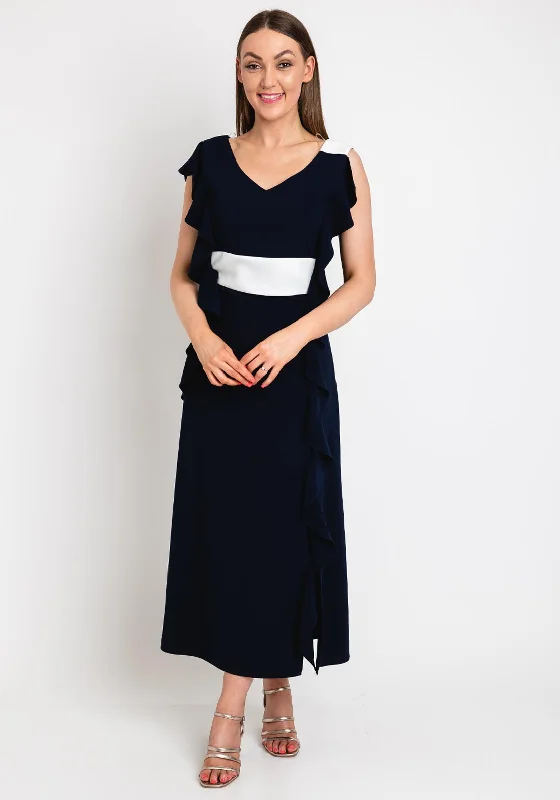 Ball gown dress – Formal, full-skirted dress often worn for weddings, proms, or galas.Ella Boo Ruffle Side Maxi Dress, Navy