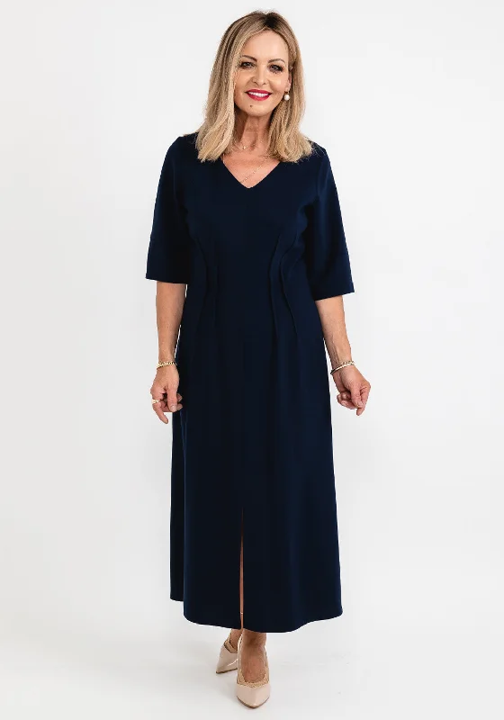 Off-the-shoulder dress – Dress with sleeves or straps that sit below the shoulders, exposing the upper arms.Ella Boo Seamed Ruching Maxi Dress, Navy