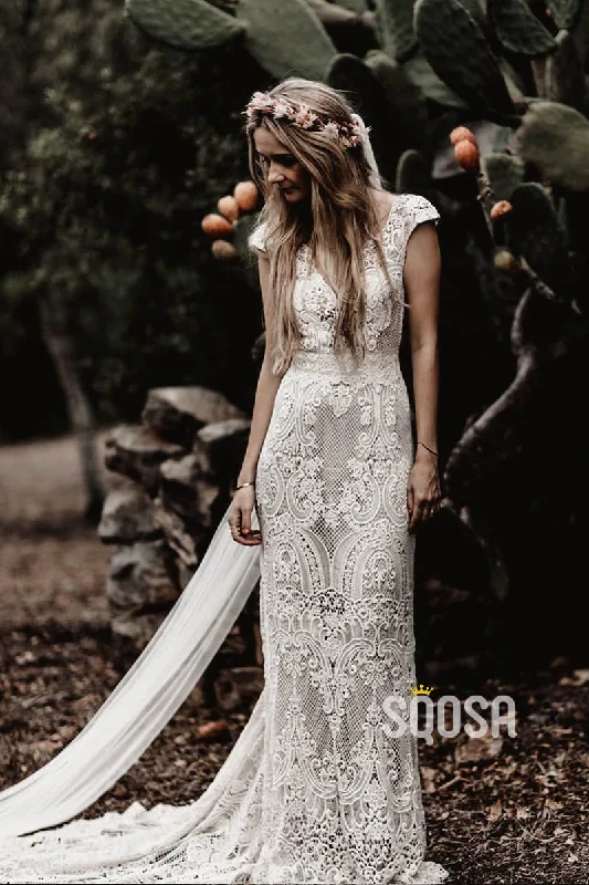 Sheath dress – Form-fitting dress that hugs the body and typically hits just above or at the knee.Exquisite Lace Cap Sleeves V-neck Sheath/Column Bohemain Wedding Dress QW0872