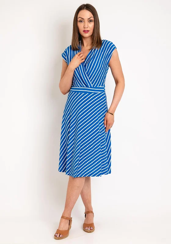 Belted dress – Dress with a belt or waist tie, offering definition and shaping at the waist.FREEQUENT V-Neck Striped A-Line Midi Dress, Blue