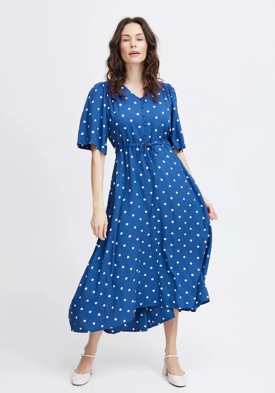 A-line dress – Dress that is fitted at the top and gradually flares out, creating an A-shape silhouette.Fransa Kamma Polka Dot Long Dress, Blue