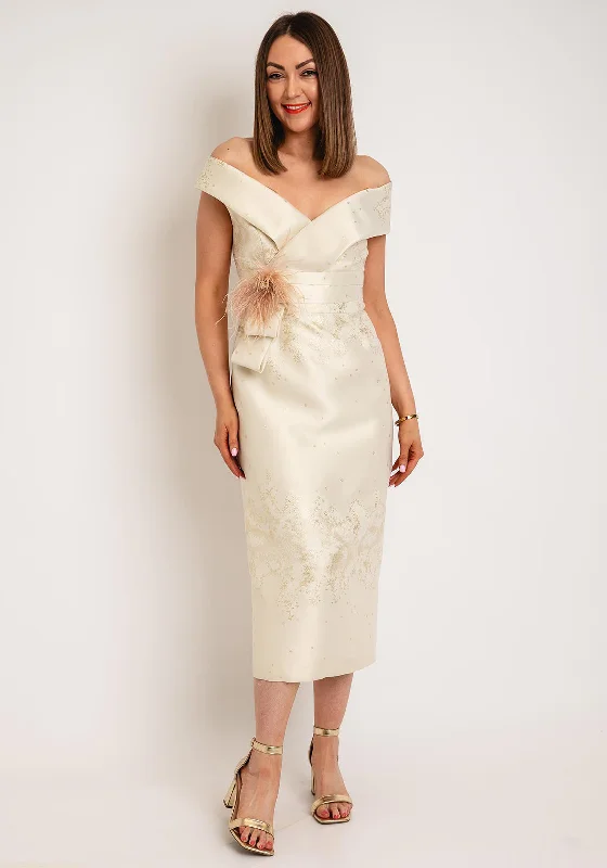 Off-the-shoulder dress – Dress with sleeves or straps that sit below the shoulders, exposing the upper arms.Gabriela Sanchez Jacquard Pencil Midi Dress, Beige