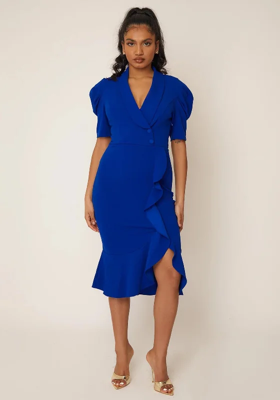 Tulle dress – Dress made with soft, voluminous tulle fabric, often worn for formal occasions or as part of a bridal outfit.Girl In Mind Gina Ruffle Midi Dress, Cobalt