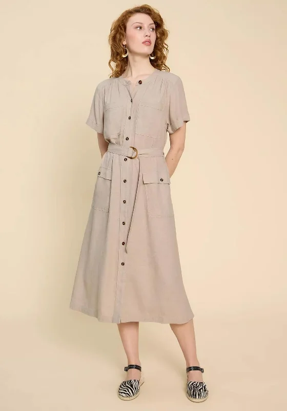 Wrap dress – Dress that wraps around the body and ties at the waist, creating a flattering and adjustable fit.White Stuff Hazel Linen Blend Midi Shirt Dress, Light Natural