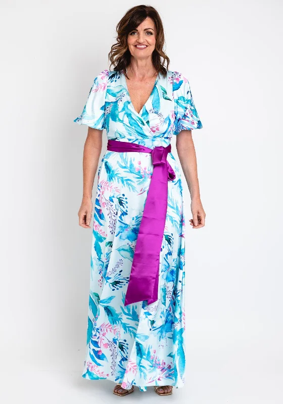 Boho dress – Dress with a relaxed, bohemian style, often featuring flowing fabric, ethnic prints, or vintage details.Herysa Nueve Floral Satin Maxi Dress, Aqua Multi