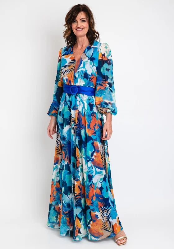 Slip dress – Simple, silky dress with spaghetti straps, resembling a slip, often worn casually or for evening wear.Herysa Godiva Chiffon Maxi Dress, Blue Multi