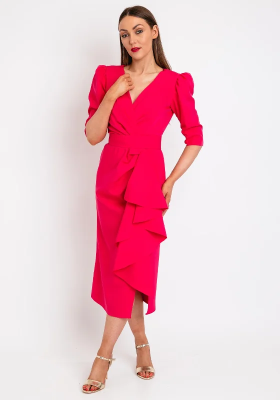 Empire waist dress – Dress with a high waistline, just under the bust, for a flattering silhouette.Herysa Clarisa Ruffle Drape Front Midi Dress, Fuchsia