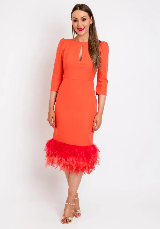 Peplum dress – Dress with a flared ruffle or extra fabric at the waist, adding volume and shaping to the lower half.Herysa Begona Feather Trim Hem Midi Dress, Coral