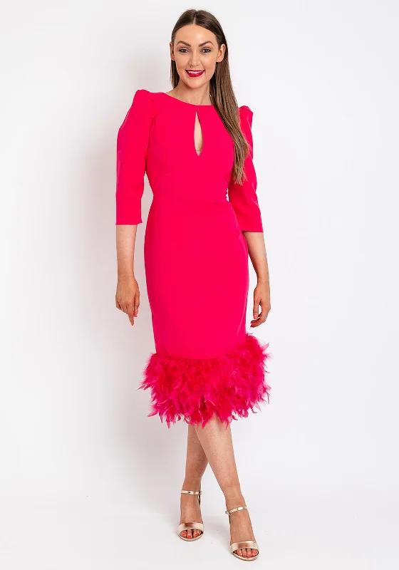 Ball gown dress – Formal, full-skirted dress often worn for weddings, proms, or galas.Herysa Begona Feather Trim Hem Midi Dress, Fuchsia