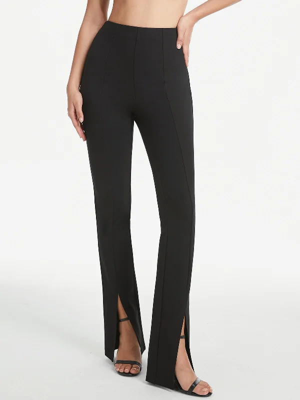 Wide-waistband trousers – Trousers with a thick waistband, often providing a more structured or comfortable fit.BerryBetty - High Waisted Seam Detail Flare Slit Leg Trousers