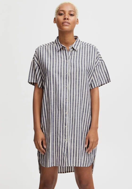 Slip dress – Simple, silky dress with spaghetti straps, resembling a slip, often worn casually or for evening wear.Ichi Striped Oversized Long Shirt, Natural