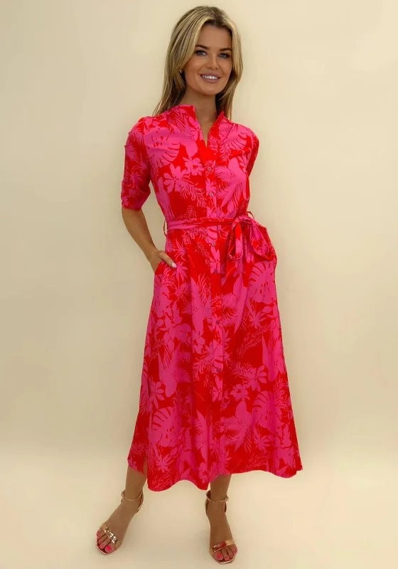 Halterneck dress – Dress with straps that tie around the neck, leaving the shoulders and back exposed.Kate & Pippa Capri Leaf Print Midi Dress, Flower Fuchsia