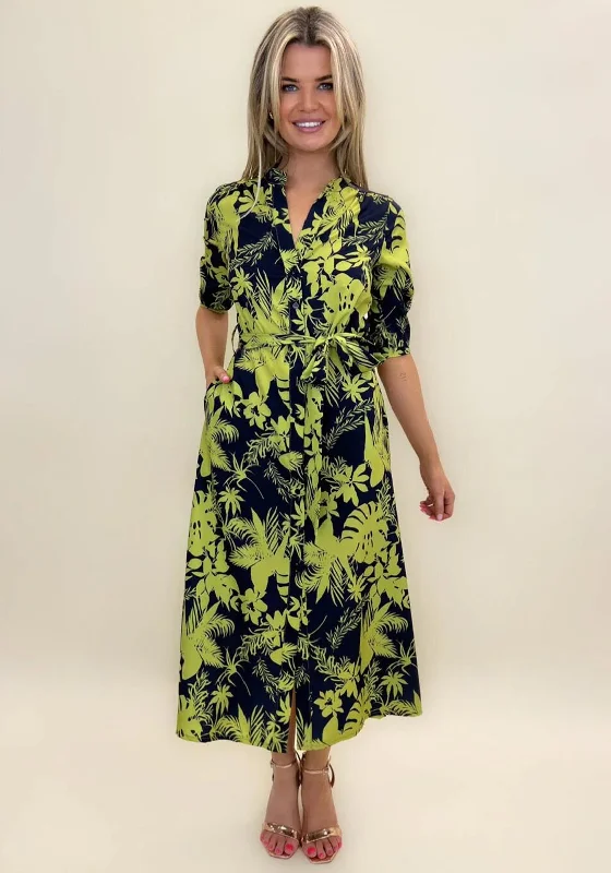 V-neck dress – Dress with a V-shaped neckline that flatters the chest and elongates the neck.Kate & Pippa Capri Leaf Print Midi Dress, Flower Navy & Lime