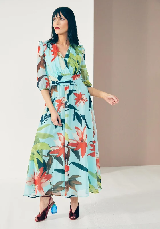 Ball gown dress – Formal, full-skirted dress often worn for weddings, proms, or galas.Kate Cooper Tropical Floral Chiffon Maxi Dress, Turquoise Multi