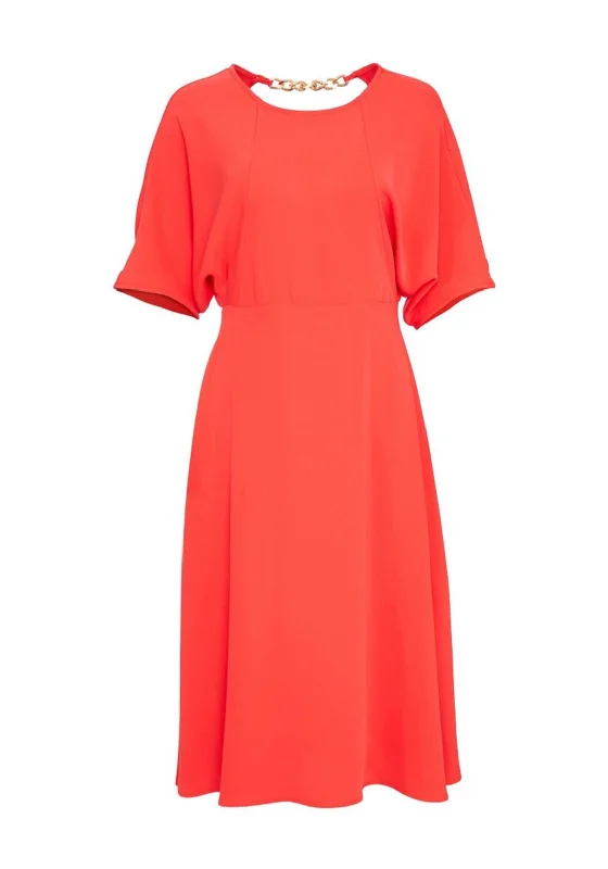 Corset dress – Dress designed with a built-in corset or lace-up feature to create a cinched, structured waist.Kate Cooper Chain Back A Line Midi Dress, Coral