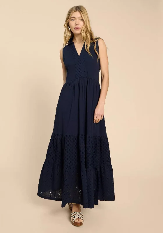 Boho dress – Dress with a relaxed, bohemian style, often featuring flowing fabric, ethnic prints, or vintage details.White Stuff Kiera Broderie Jersey Maxi Shirt Dress, Dark Navy