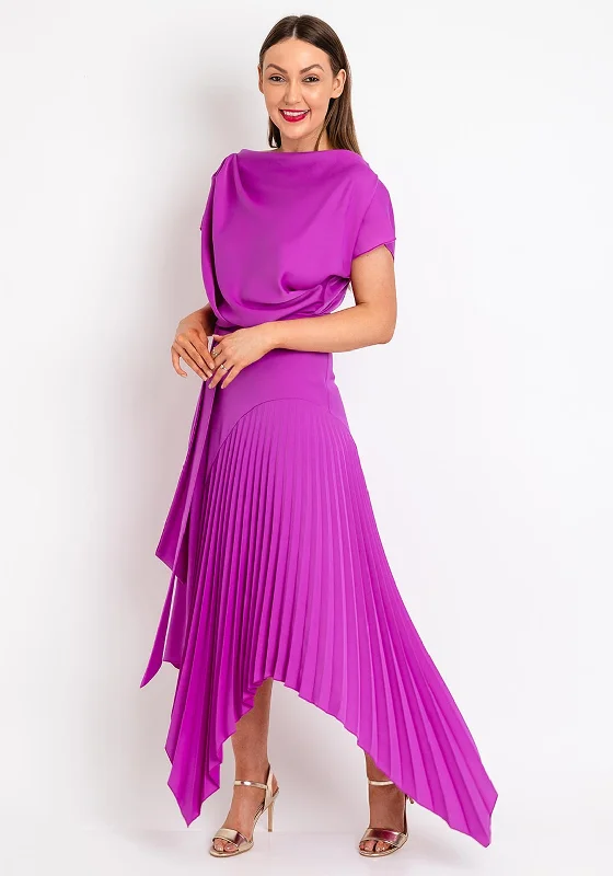 Fit-and-flare dress – Dress that is fitted at the top and flares out at the bottom, offering a feminine and flattering shape.Kevan Jon Mila Pleat Drape Maxi Dress, Amethyst