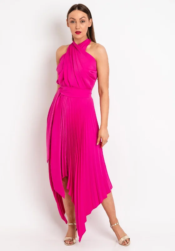 Sundress – Light, sleeveless dress typically worn in warm weather, often made from cotton or linen.Kevan Jon Vienna Halter Neck Maxi Dress, Bright Pink