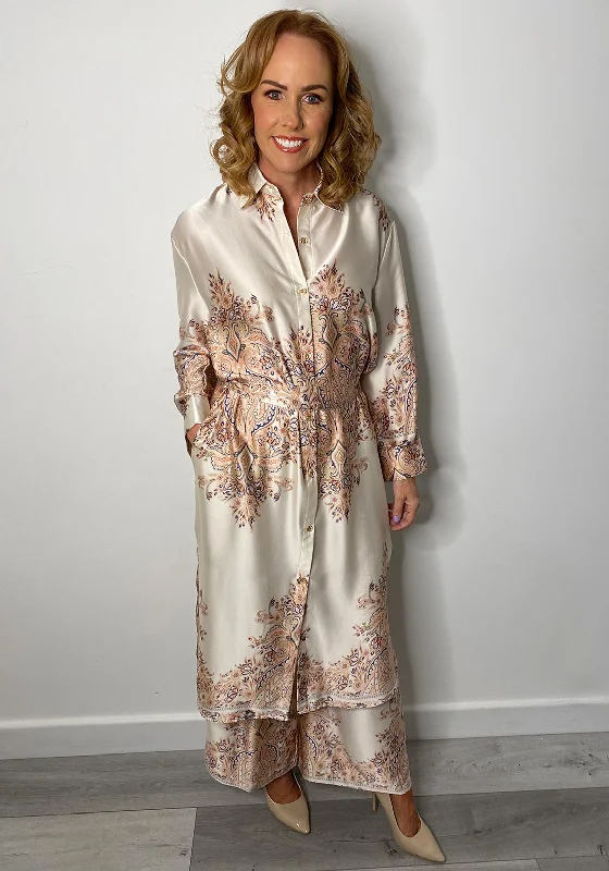 T-shirt dress – Casual dress made from T-shirt-like material, typically loose-fitting and comfortable.The Serafina Collection Satin Print Dress & Trouser Two-Piece, Beige Multi