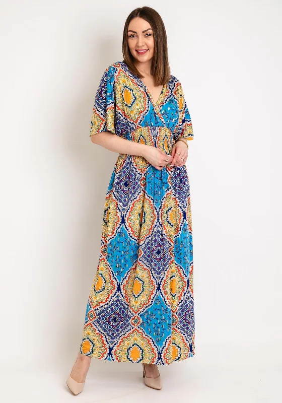 Halterneck dress – Dress with straps that tie around the neck, leaving the shoulders and back exposed.Serafina Collection One Size Ornate Print Maxi Dress, Blue Multi