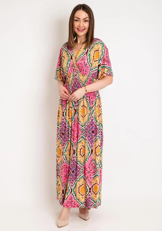 Boho dress – Dress with a relaxed, bohemian style, often featuring flowing fabric, ethnic prints, or vintage details.Serafina Collection One Size Ornate Print Maxi Dress, Pink Multi