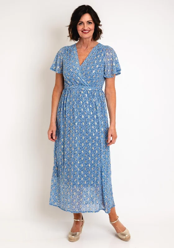 Off-the-shoulder dress – Dress with sleeves or straps that sit below the shoulders, exposing the upper arms.Serafina Collection Floral Metallic Leaf Wrap Dress, Blue