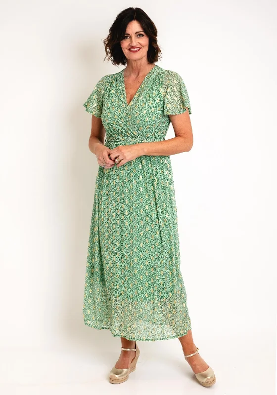 A-line dress – Dress that is fitted at the top and gradually flares out, creating an A-shape silhouette.Serafina Collection Floral Metallic Leaf Wrap Dress, Green