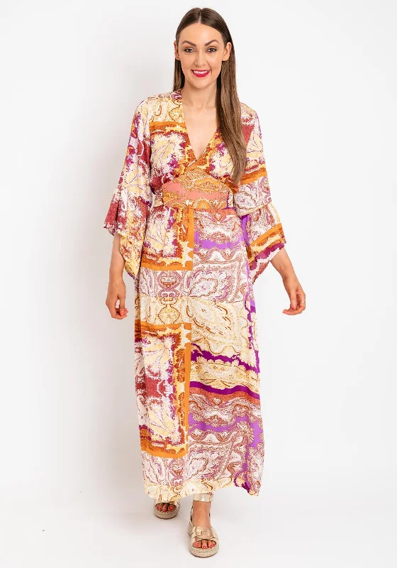 Fit-and-flare dress – Dress that is fitted at the top and flares out at the bottom, offering a feminine and flattering shape.Serafina Collection Satin Damask Print Tie Maxi Dress, Gold Multi