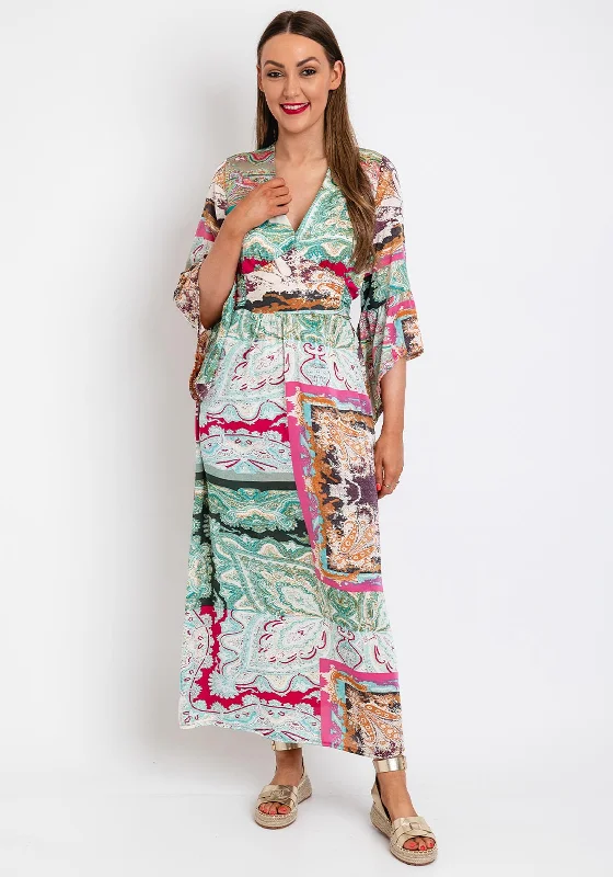 Off-the-shoulder dress – Dress with sleeves or straps that sit below the shoulders, exposing the upper arms.Serafina Collection Satin Damask Print Tie Maxi Dress, Green Multi