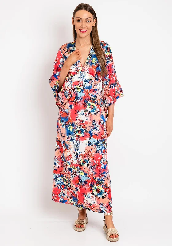 Midi dress – Dress that falls to the mid-calf, giving a balanced, modest, yet stylish appearance.Serafina Collection Satin Floral Print Tie Maxi Dress, Red Pink