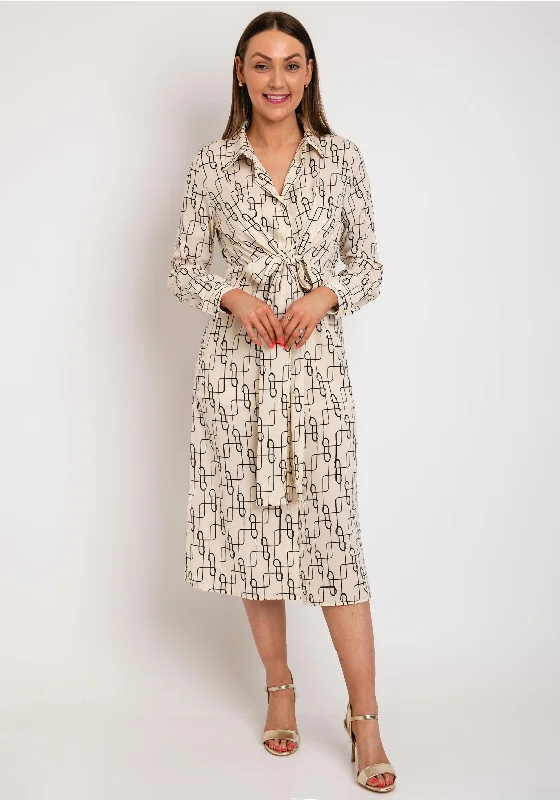 Sheath dress – Form-fitting dress that hugs the body and typically hits just above or at the knee.The Sofia Collection Satin Print Midi Shirt Dress, Beige