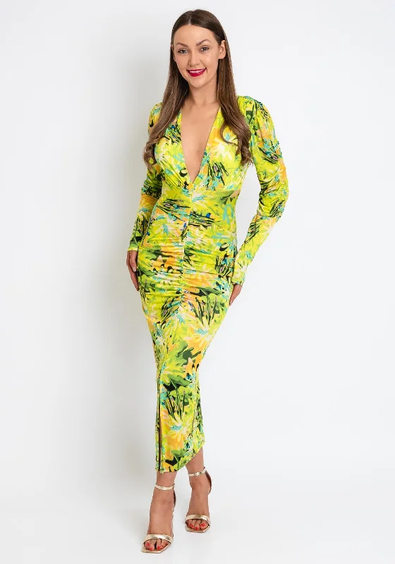 Off-the-shoulder dress – Dress with sleeves or straps that sit below the shoulders, exposing the upper arms.The Sofia Collection Printed Pencil Midi Dress, Yellow Multi