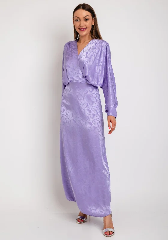 Midi dress – Dress that falls to the mid-calf, giving a balanced, modest, yet stylish appearance.The Sofia Collection Leaf Print Satin Batwing Maxi Dress, Lilac