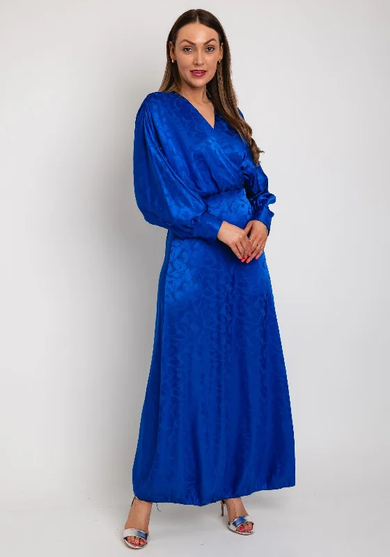 Slip dress – Simple, silky dress with spaghetti straps, resembling a slip, often worn casually or for evening wear.The Sofia Collection Leaf Print Satin Batwing Maxi Dress, Royal Blue