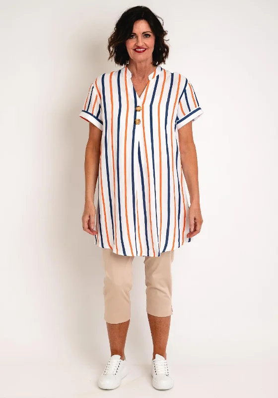 V-neck dress – Dress with a V-shaped neckline that flatters the chest and elongates the neck.Serafina Collection Striped Cotton Dress, Orange & Navy