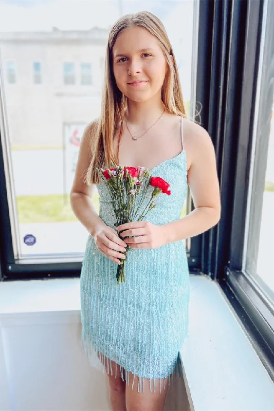 Shift dress – Loose, straight-cut dress that doesn't define the waist, offering a more relaxed fit.Light Blue Sequins Lace-Up Bodycon Homecoming Dress with Tassels